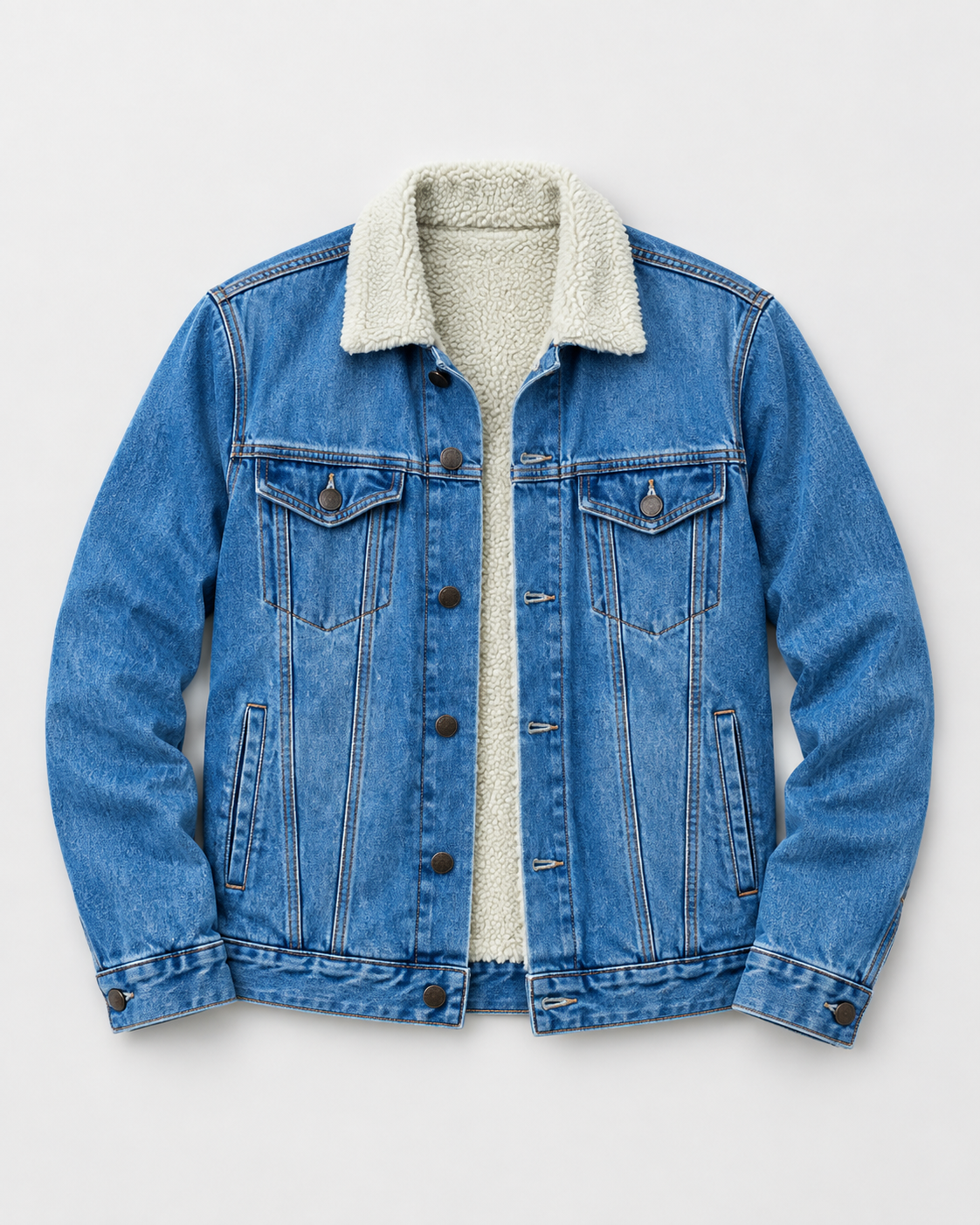 Blue denim jacket on a clean studio background