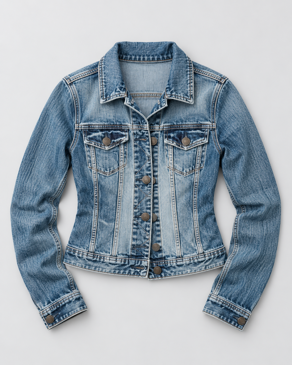 Blue denim jacket, garment-only studio photograph